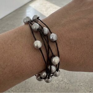 Boho Baroque Pearl Multi-Strand Leather Cord Bracelet